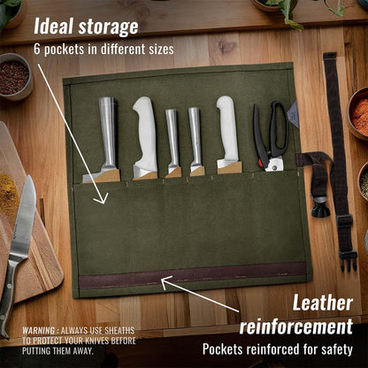 Knife Roll Case, Leather Support, Waxed Canvas, 4 Slots, Gray | Heavy Duty Waxed Canvas Pouch, Leather Support, Portable Bag for Cooking Tools, Utensils, Cutlery Knives, BBQ, Travel, Gift