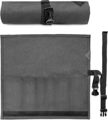 Knife Roll Case, Leather Support, Waxed Canvas, 4 Slots, Gray | Heavy Duty Waxed Canvas Pouch, Leather Support, Portable Bag for Cooking Tools, Utensils, Cutlery Knives, BBQ, Travel, Gift