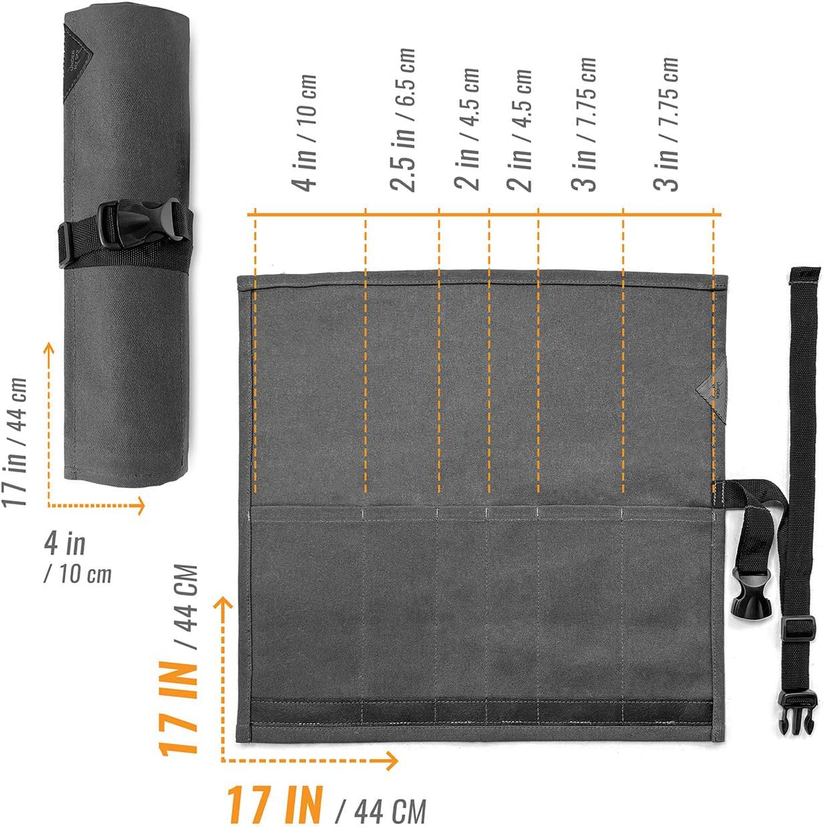 Knife Roll Case, Leather Support, Waxed Canvas, 4 Slots, Gray | Heavy Duty Waxed Canvas Pouch, Leather Support, Portable Bag for Cooking Tools, Utensils, Cutlery Knives, BBQ, Travel, Gift