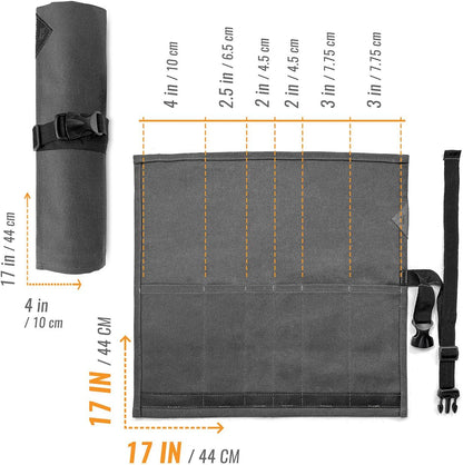 Knife Roll Case, Leather Support, Waxed Canvas, 4 Slots, Gray | Heavy Duty Waxed Canvas Pouch, Leather Support, Portable Bag for Cooking Tools, Utensils, Cutlery Knives, BBQ, Travel, Gift