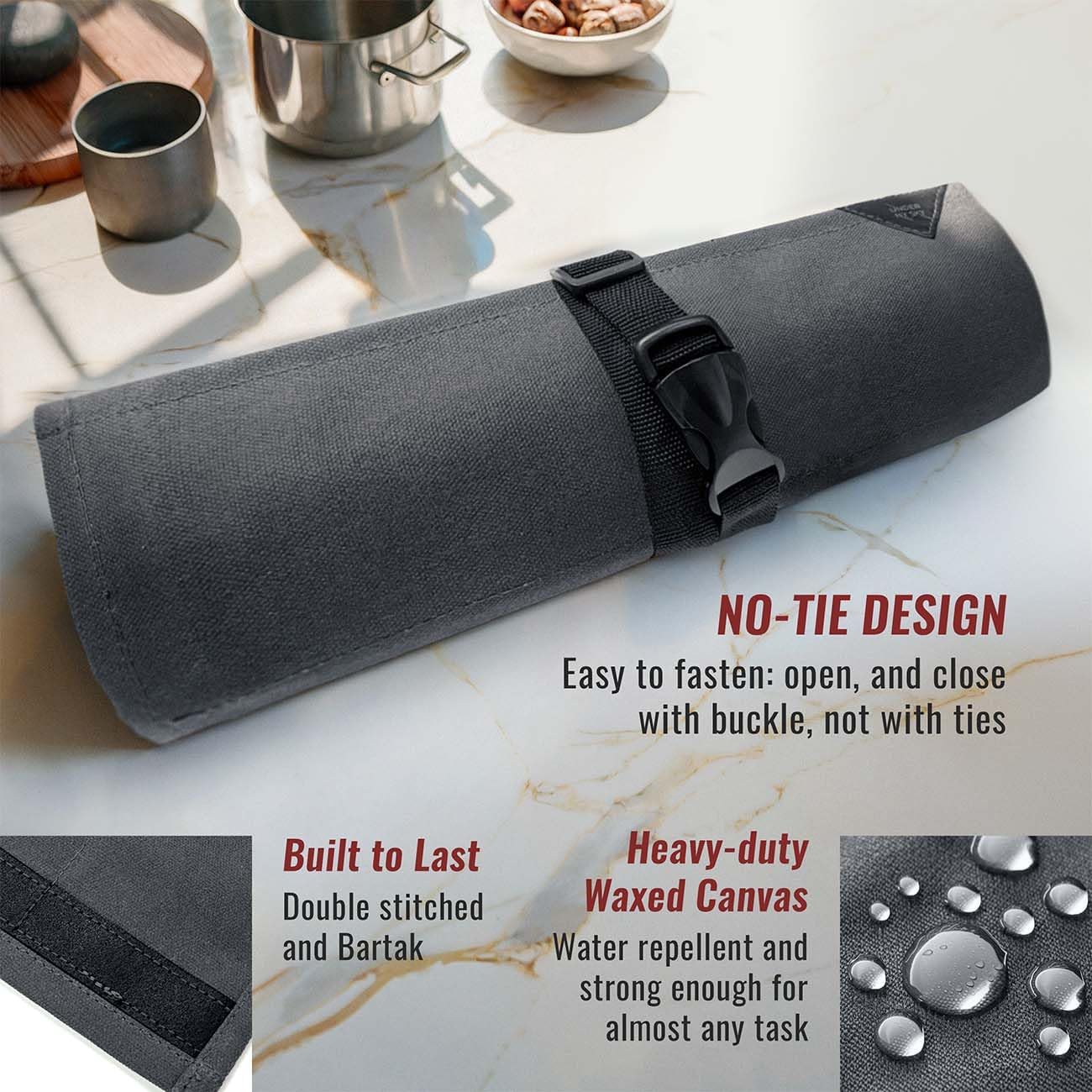 Knife Roll Case, Leather Support, Waxed Canvas, 4 Slots, Gray | Heavy Duty Waxed Canvas Pouch, Leather Support, Portable Bag for Cooking Tools, Utensils, Cutlery Knives, BBQ, Travel, Gift