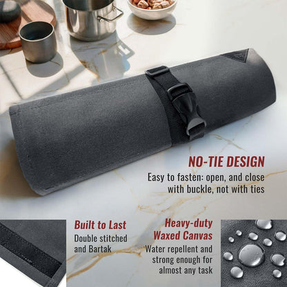 Knife Roll Case, Leather Support, Waxed Canvas, 4 Slots, Gray | Heavy Duty Waxed Canvas Pouch, Leather Support, Portable Bag for Cooking Tools, Utensils, Cutlery Knives, BBQ, Travel, Gift