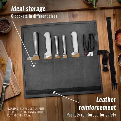 Knife Roll Case, Leather Support, Waxed Canvas, 4 Slots, Gray | Heavy Duty Waxed Canvas Pouch, Leather Support, Portable Bag for Cooking Tools, Utensils, Cutlery Knives, BBQ, Travel, Gift