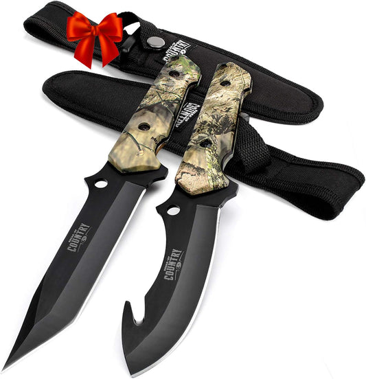 Fixed Blade Hunting Knife Set - 2 Piece, Sheath Included | Full Tang Handle Straight Edge and Gut Hook Blades Game Processing Knife