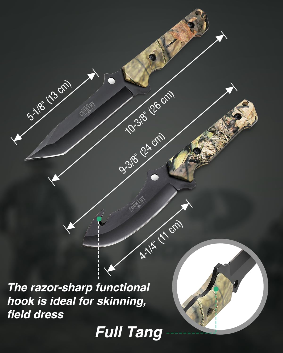 Fixed Blade Hunting Knife Set - 2 Piece, Sheath Included | Full Tang Handle Straight Edge and Gut Hook Blades Game Processing Knife