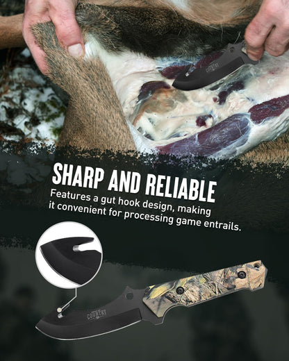Fixed Blade Hunting Knife Set - 2 Piece, Sheath Included | Full Tang Handle Straight Edge and Gut Hook Blades Game Processing Knife