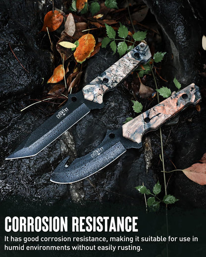 Fixed Blade Hunting Knife Set - 2 Piece, Sheath Included | Full Tang Handle Straight Edge and Gut Hook Blades Game Processing Knife