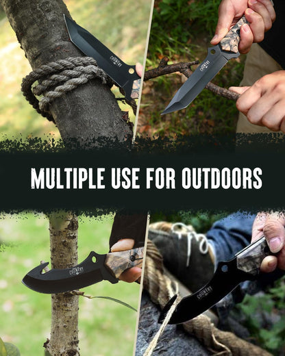 Fixed Blade Hunting Knife Set - 2 Piece, Sheath Included | Full Tang Handle Straight Edge and Gut Hook Blades Game Processing Knife