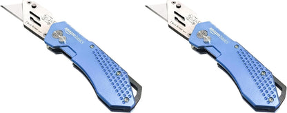 Folding Utility Knife Box Cutter with Locking Mechanism, Quick Change Blade, Lightweight Aluminum Body, Holster, Light Blue