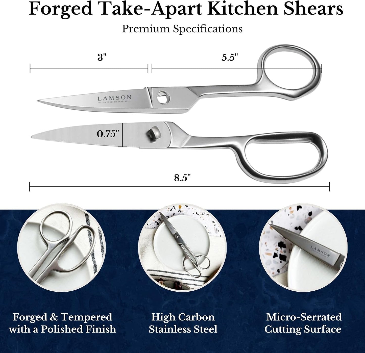 Lamson Kitchen Shears, 8 In Forged Take Apart Poultry Scissors | High-carbon steel cuts chicken bones, herb stems, twine and pizza; blades separate at the pivot; all stainless build