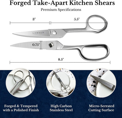 Lamson Kitchen Shears, 8 In Forged Take Apart Poultry Scissors | High-carbon steel cuts chicken bones, herb stems, twine and pizza; blades separate at the pivot; all stainless build