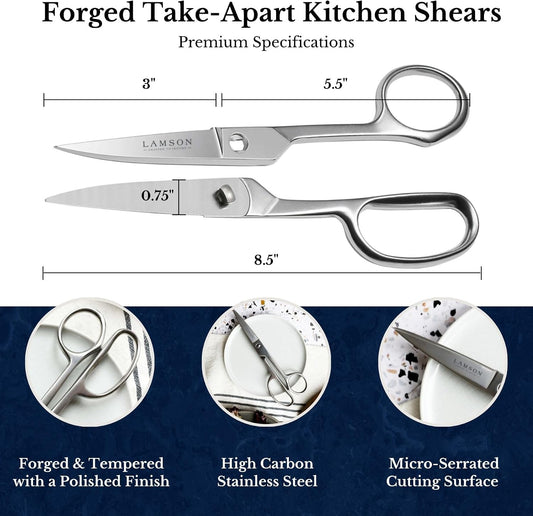 Lamson Kitchen Shears, 8 In Forged Take Apart Poultry Scissors | High-carbon steel cuts chicken bones, herb stems, twine and pizza; blades separate at the pivot; all stainless build