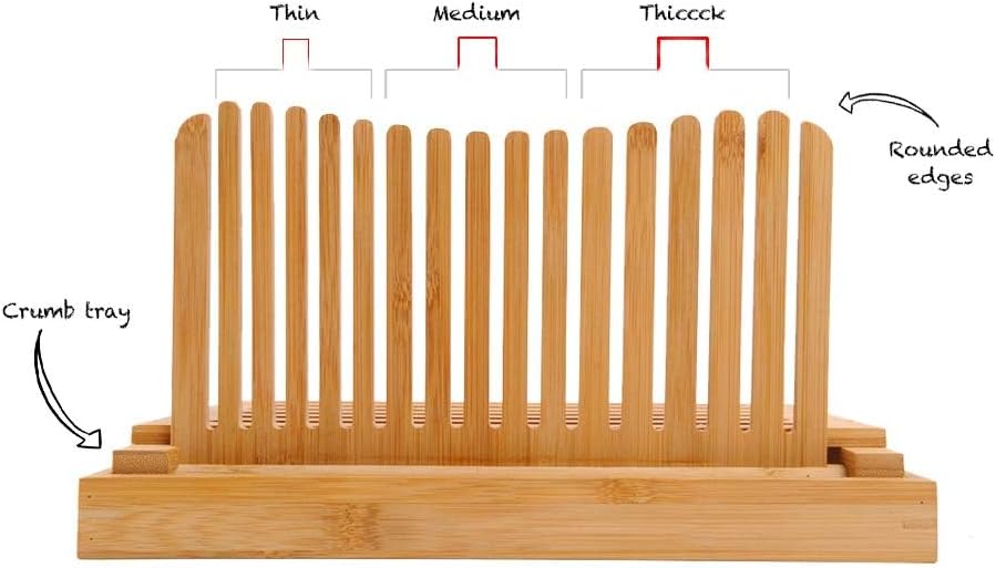 Bamboo Bread Slicer with Crumb Tray Bamboo Bread Cutter for Homemade Bread, Loaf Cakes, Bagels Slicer, 3 Slice Sizes, Adjustable, Compact, Foldable
