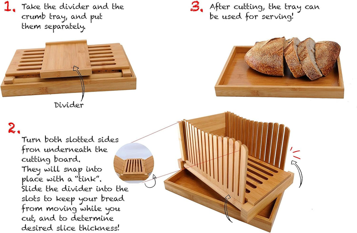 Bamboo Bread Slicer with Crumb Tray Bamboo Bread Cutter for Homemade Bread, Loaf Cakes, Bagels Slicer, 3 Slice Sizes, Adjustable, Compact, Foldable
