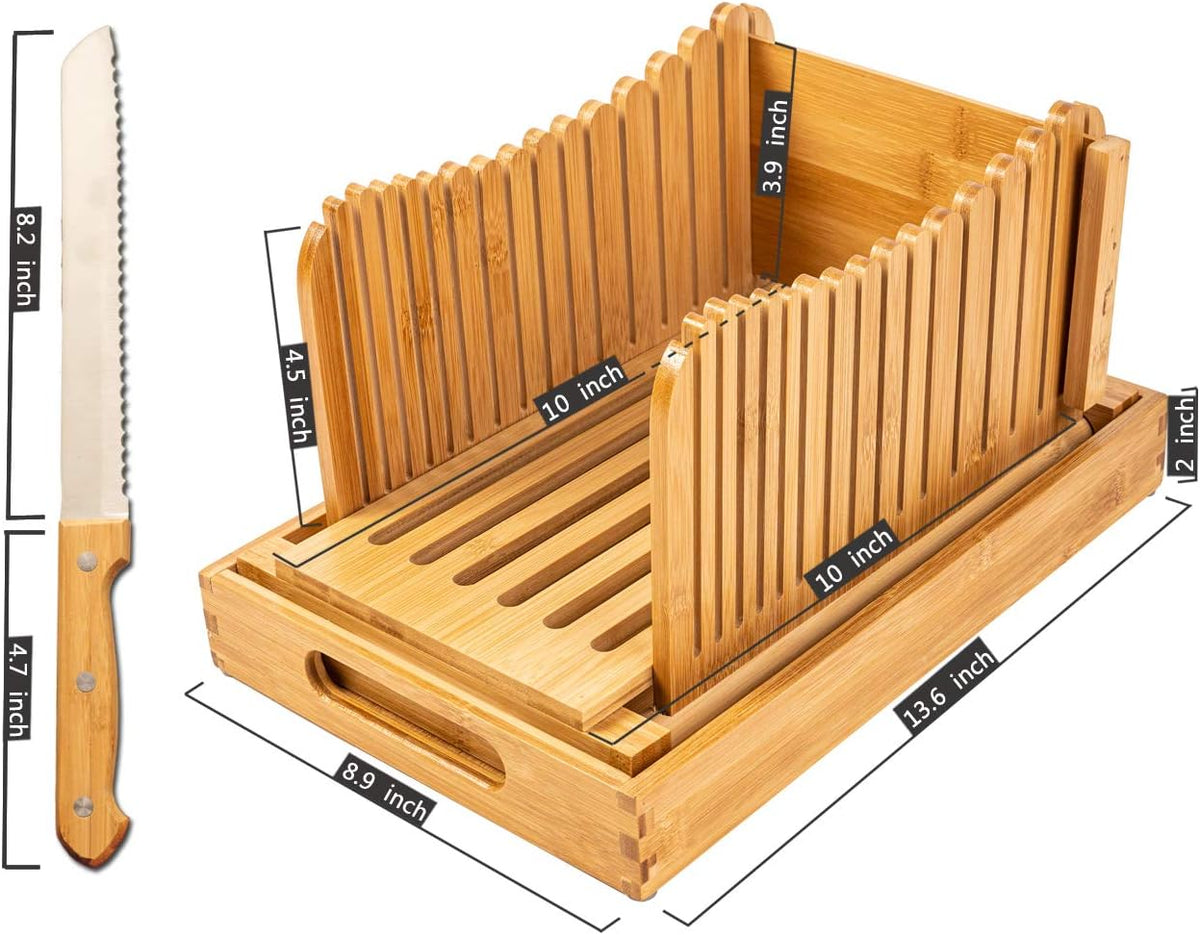 Bamboo Bread Slicer with Crumb Tray Bamboo Bread Cutter for Homemade Bread, Loaf Cakes, Bagels Slicer, 3 Slice Sizes, Adjustable, Compact, Foldable