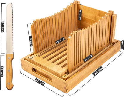 Bamboo Bread Slicer with Crumb Tray Bamboo Bread Cutter for Homemade Bread, Loaf Cakes, Bagels Slicer, 3 Slice Sizes, Adjustable, Compact, Foldable