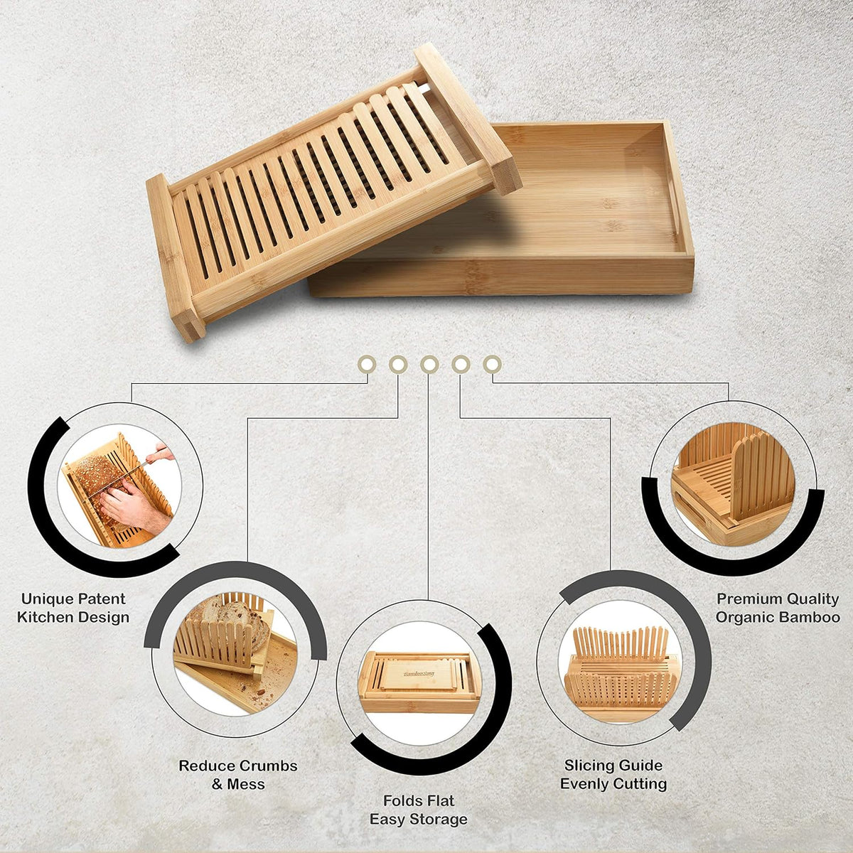 Bamboo Bread Slicer with Crumb Tray Bamboo Bread Cutter for Homemade Bread, Loaf Cakes, Bagels Slicer, 3 Slice Sizes, Adjustable, Compact, Foldable