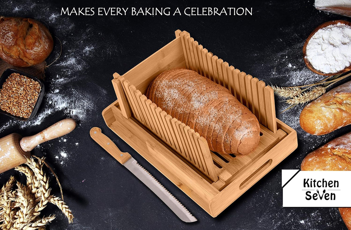 Bamboo Bread Slicer with Crumb Tray Bamboo Bread Cutter for Homemade Bread, Loaf Cakes, Bagels Slicer, 3 Slice Sizes, Adjustable, Compact, Foldable