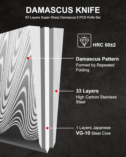5PCS Damascus Knife Set, 5" Paring, 6" Boning, 7" Santoku, 8" Chef & Bread | 67-Layers Damascus Steel, Galaxy Pattern Resin Handle, All-in-One 5-Piece Kitchen Knife Set for All Daily Prep Tasks