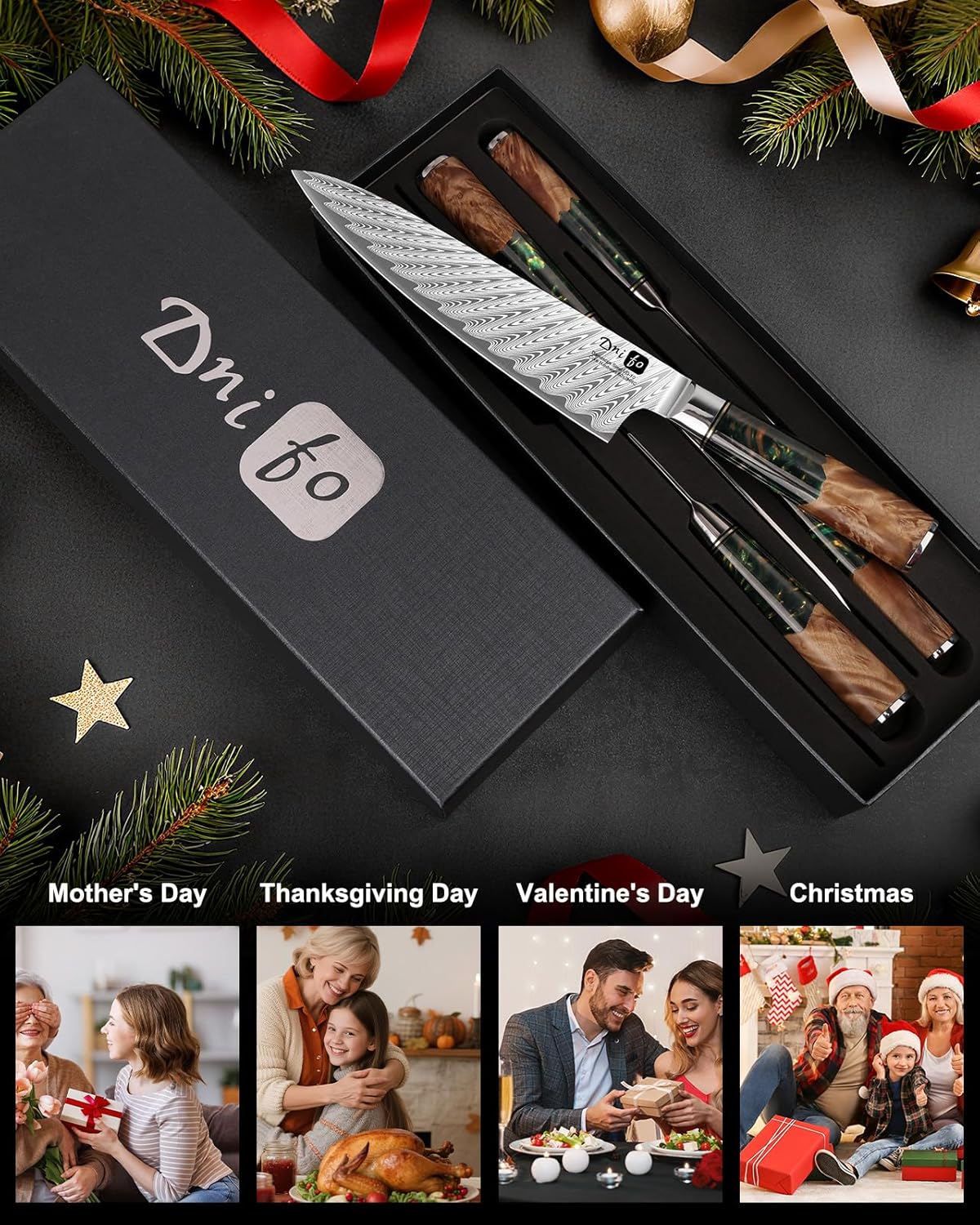 5PCS Damascus Knife Set, 5" Paring, 6" Boning, 7" Santoku, 8" Chef & Bread | 67-Layers Damascus Steel, Galaxy Pattern Resin Handle, All-in-One 5-Piece Kitchen Knife Set for All Daily Prep Tasks