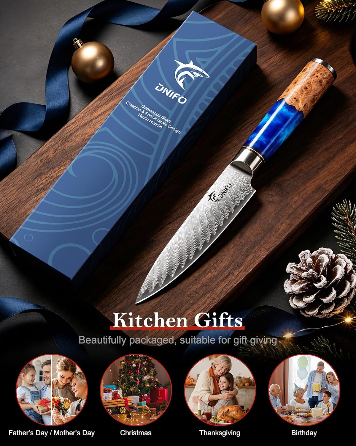 5PCS Damascus Knife Set, 5" Paring, 6" Boning, 7" Santoku, 8" Chef & Bread | 67-Layers Damascus Steel, Galaxy Pattern Resin Handle, All-in-One 5-Piece Kitchen Knife Set for All Daily Prep Tasks