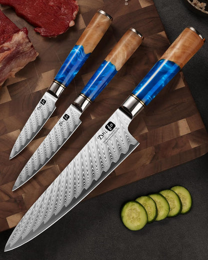 5PCS Damascus Knife Set, 5" Paring, 6" Boning, 7" Santoku, 8" Chef & Bread | 67-Layers Damascus Steel, Galaxy Pattern Resin Handle, All-in-One 5-Piece Kitchen Knife Set for All Daily Prep Tasks