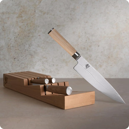 Classic 5 Piece In-Drawer Set, Includes 8" Chef's, 3.5" Paring, 6" Utility, 9" Bread Knife, & In-Drawer Tray, Handcrafted Japanese Knife Set, Damascus Stainless Steel Cladding, Pakkawood Handle