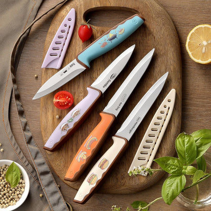 4PCS Paring Knife, Paring knives, 4.5 & 4 Inch Peeling Fruit and Vegetable Knife, Ultra Sharp Kitchen Knives, German Steel, PP Plastic Handle (Food-Themed Design)