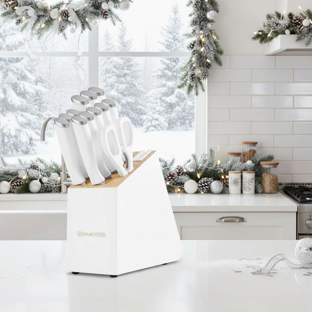 White Knife Set, 13 Pieces Knife Block Set with Built-in Sharpener Scissors for Kitchen Meat & Vegetable Cutting, Dishwasher Safe Knives Set Present for Family & Restaurant