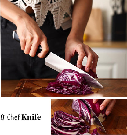 White Knife Set, 13 Pieces Knife Block Set with Built-in Sharpener Scissors for Kitchen Meat & Vegetable Cutting, Dishwasher Safe Knives Set Present for Family & Restaurant