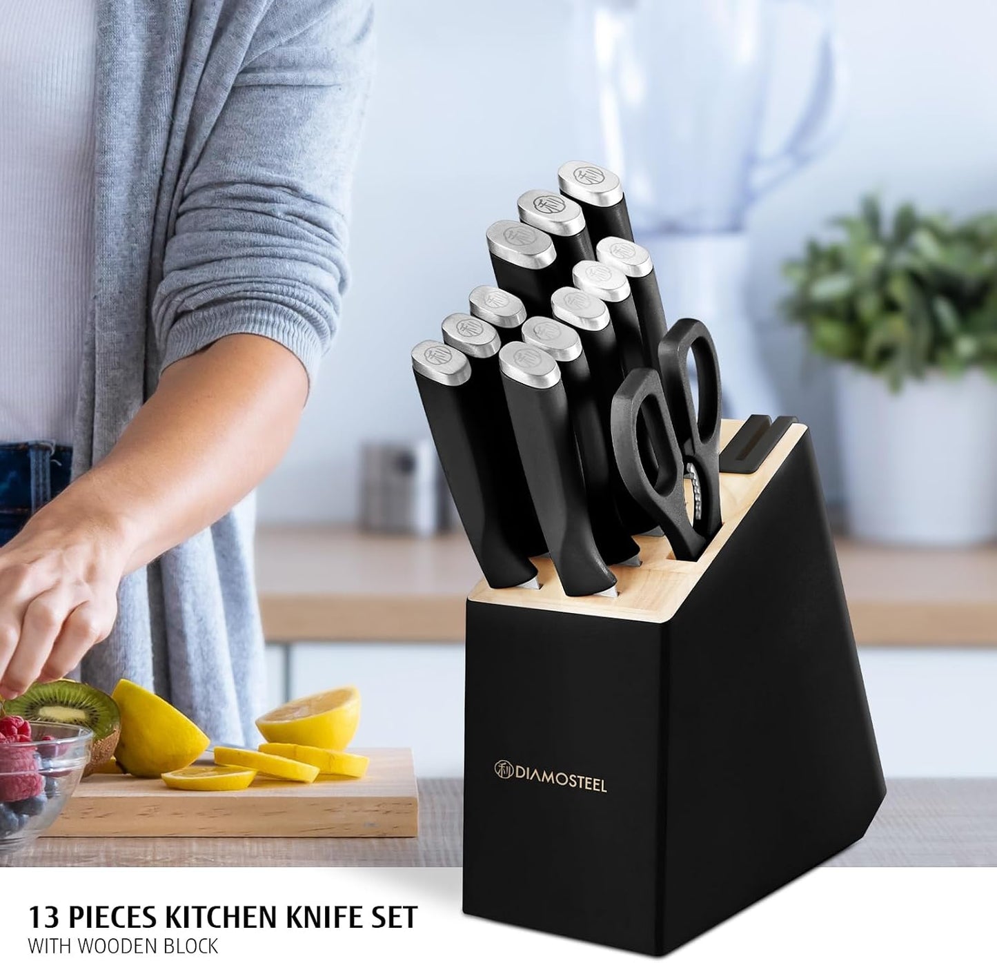 White Knife Set, 13 Pieces Knife Block Set with Built-in Sharpener Scissors for Kitchen Meat & Vegetable Cutting, Dishwasher Safe Knives Set Present for Family & Restaurant