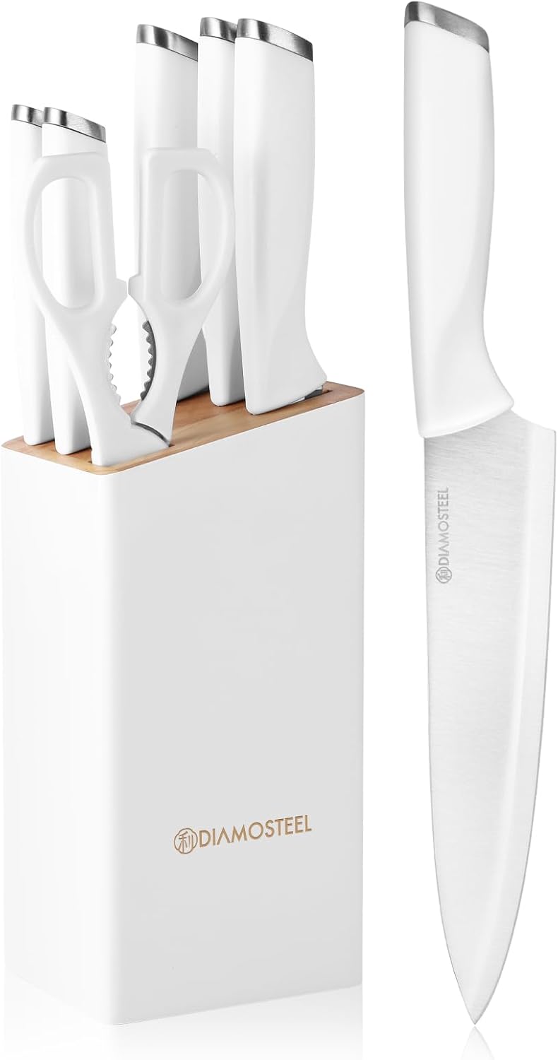White Knife Set, 13 Pieces Knife Block Set with Built-in Sharpener Scissors for Kitchen Meat & Vegetable Cutting, Dishwasher Safe Knives Set Present for Family & Restaurant