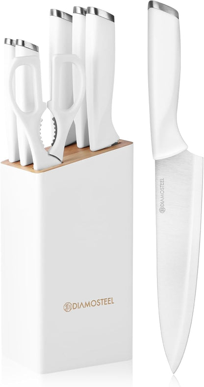 White Knife Set, 13 Pieces Knife Block Set with Built-in Sharpener Scissors for Kitchen Meat & Vegetable Cutting, Dishwasher Safe Knives Set Present for Family & Restaurant