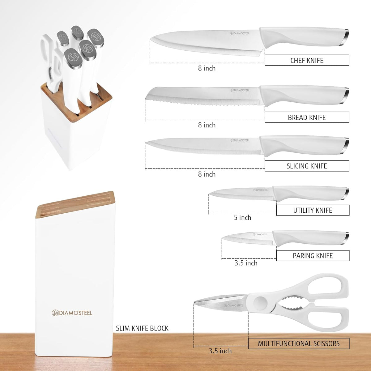 White Knife Set, 13 Pieces Knife Block Set with Built-in Sharpener Scissors for Kitchen Meat & Vegetable Cutting, Dishwasher Safe Knives Set Present for Family & Restaurant