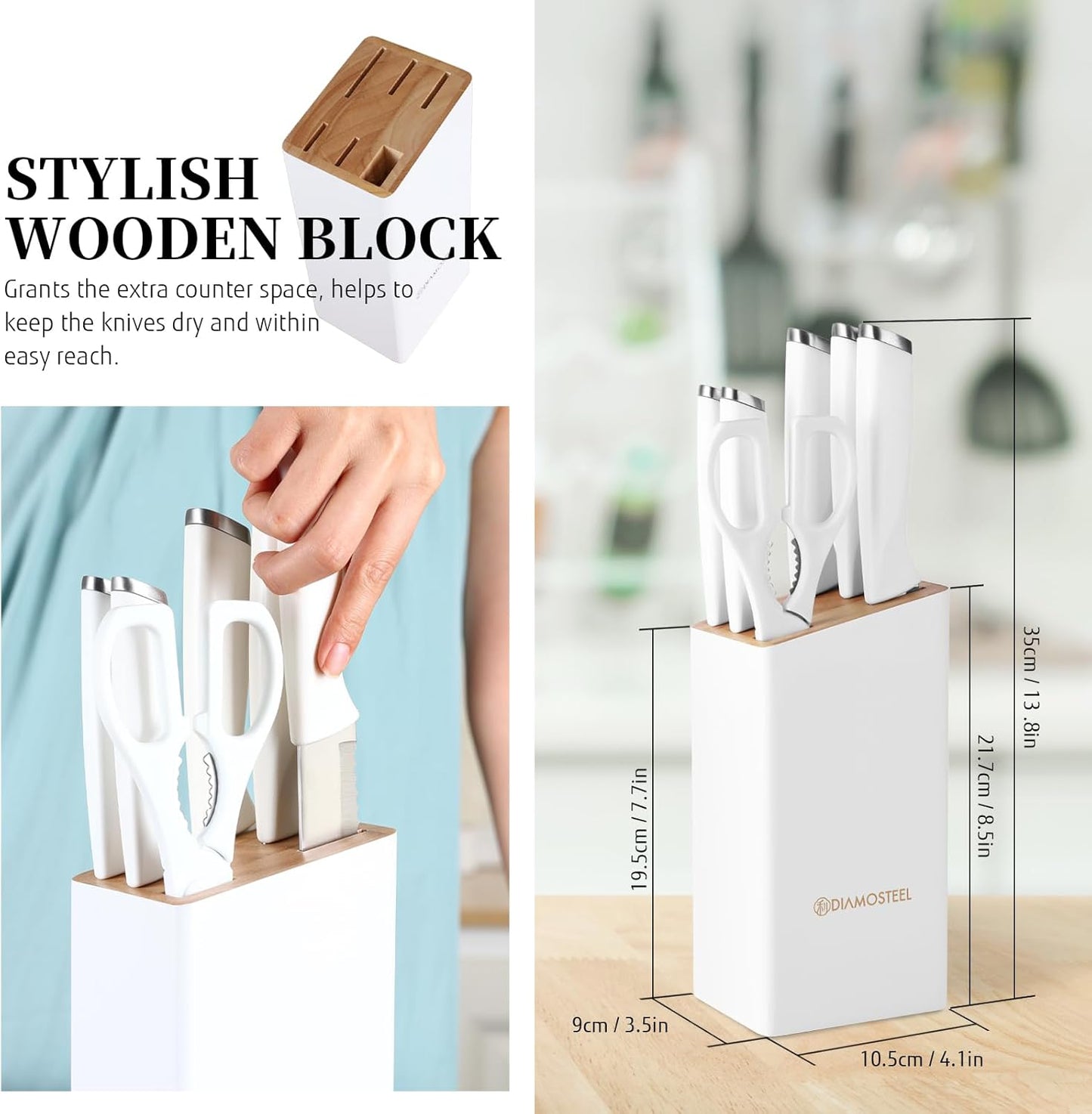 White Knife Set, 13 Pieces Knife Block Set with Built-in Sharpener Scissors for Kitchen Meat & Vegetable Cutting, Dishwasher Safe Knives Set Present for Family & Restaurant