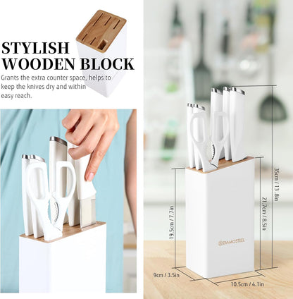 White Knife Set, 13 Pieces Knife Block Set with Built-in Sharpener Scissors for Kitchen Meat & Vegetable Cutting, Dishwasher Safe Knives Set Present for Family & Restaurant