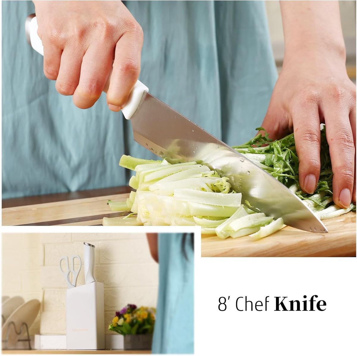 White Knife Set, 13 Pieces Knife Block Set with Built-in Sharpener Scissors for Kitchen Meat & Vegetable Cutting, Dishwasher Safe Knives Set Present for Family & Restaurant