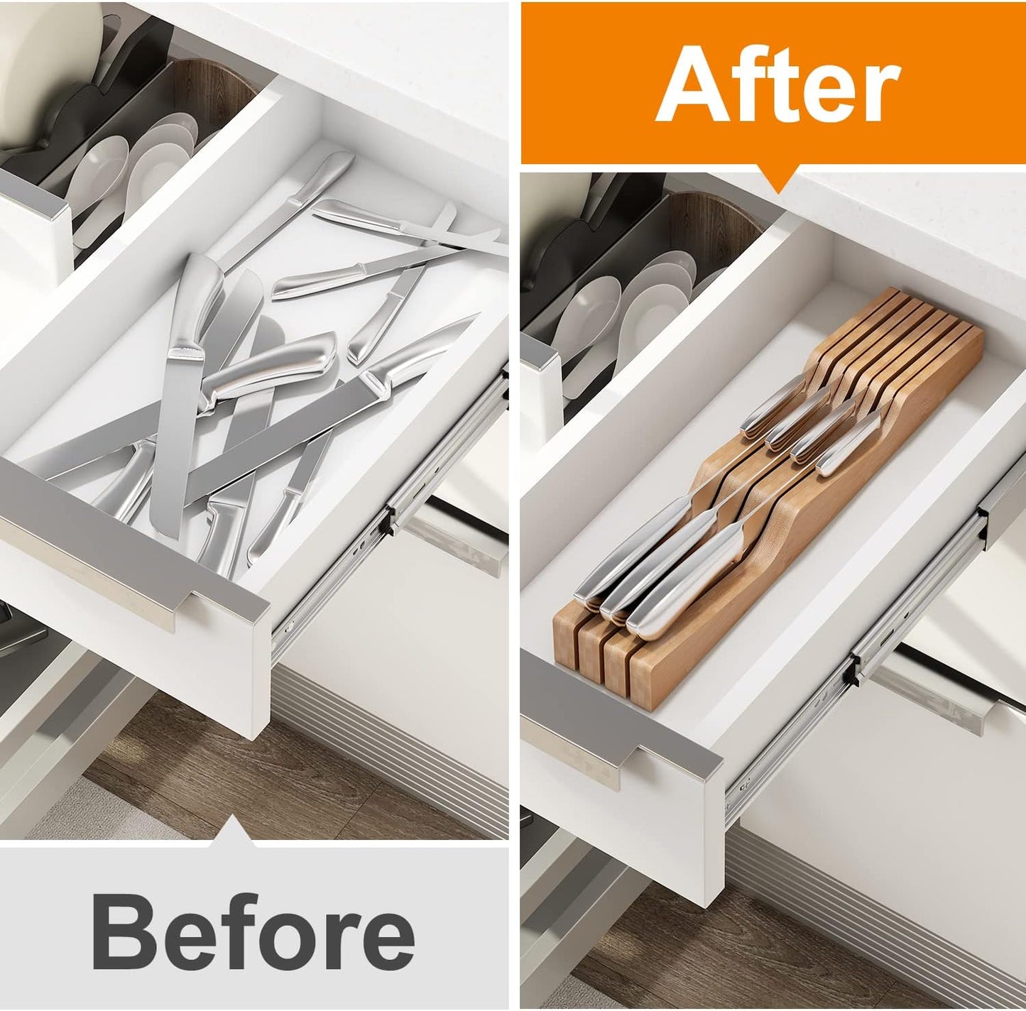 In-Drawer Knife Block Organizer - Bamboo Wood Drawer Knife Organizer-Protecting Knife Organizer Block (Not Included) (Natural, 7 Knives Dock)