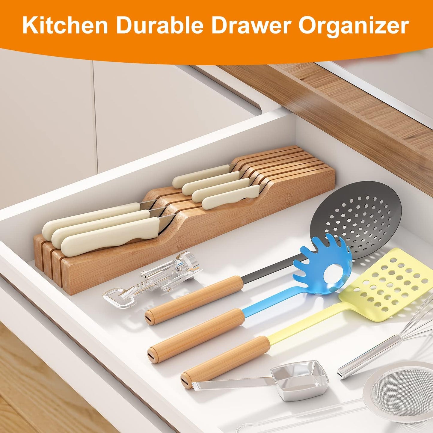 In-Drawer Knife Block Organizer - Bamboo Wood Drawer Knife Organizer-Protecting Knife Organizer Block (Not Included) (Natural, 7 Knives Dock)