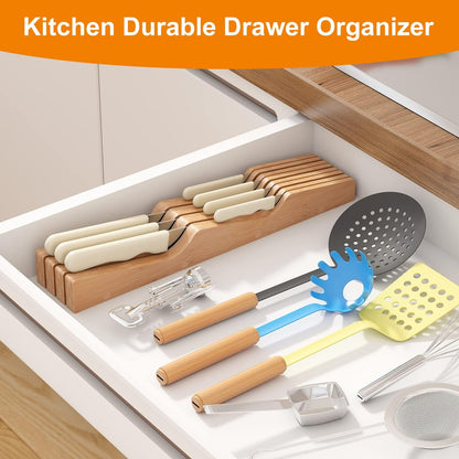 In-Drawer Knife Block Organizer - Bamboo Wood Drawer Knife Organizer-Protecting Knife Organizer Block (Not Included) (Natural, 7 Knives Dock)