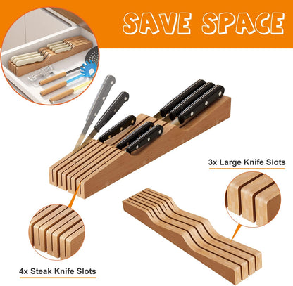 In-Drawer Knife Block Organizer - Bamboo Wood Drawer Knife Organizer-Protecting Knife Organizer Block (Not Included) (Natural, 7 Knives Dock)