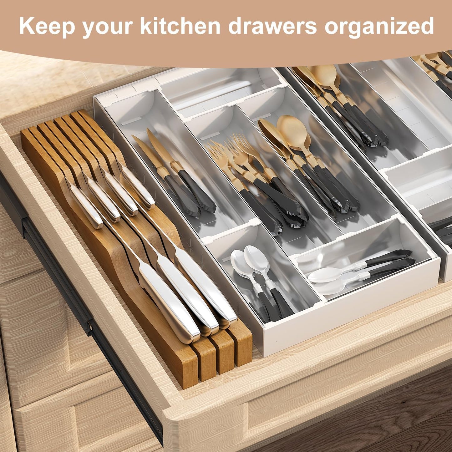 In-Drawer Knife Block Organizer - Bamboo Wood Drawer Knife Organizer-Protecting Knife Organizer Block (Not Included) (Natural, 7 Knives Dock)