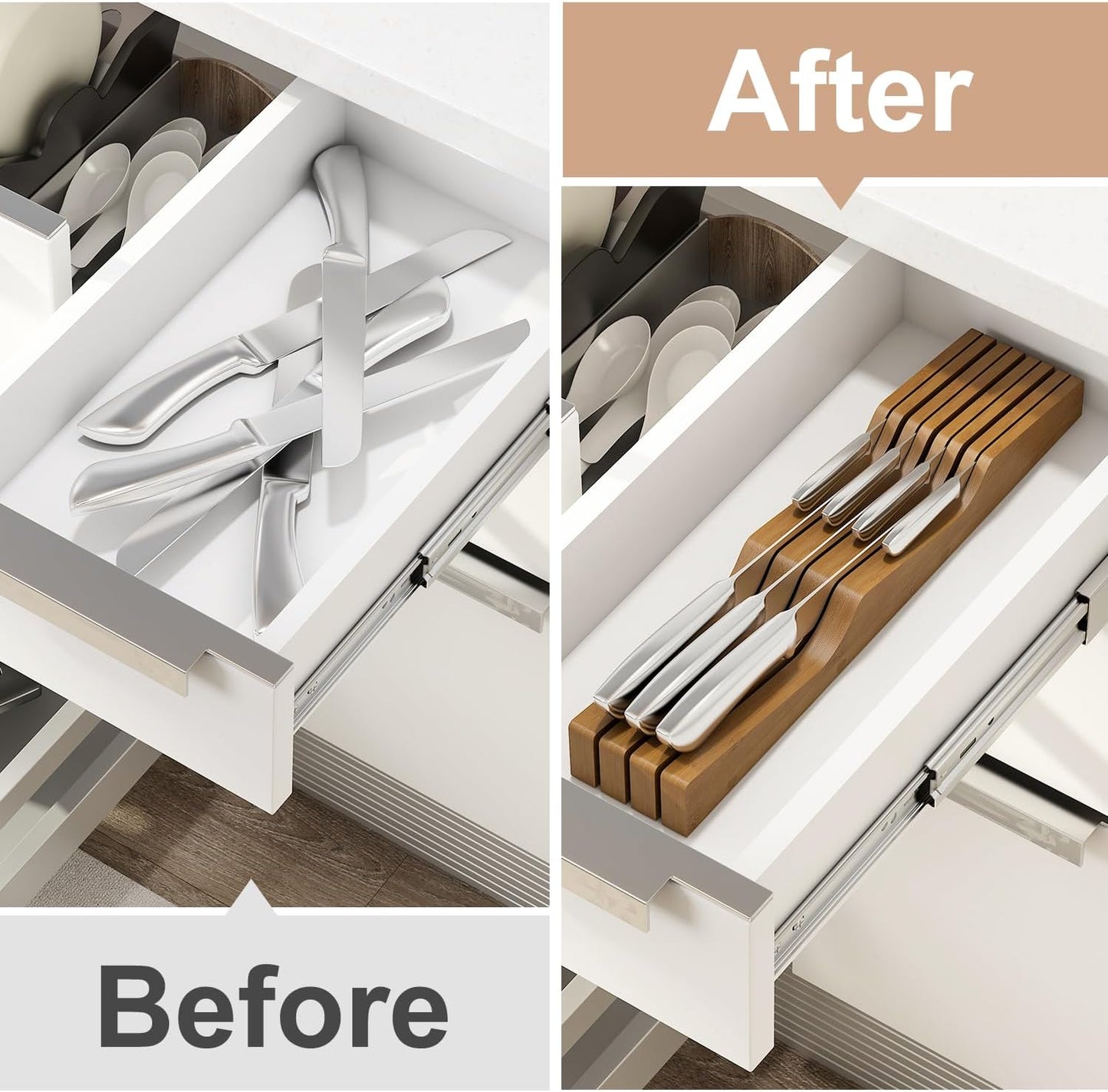 In-Drawer Knife Block Organizer - Bamboo Wood Drawer Knife Organizer-Protecting Knife Organizer Block (Not Included) (Natural, 7 Knives Dock)