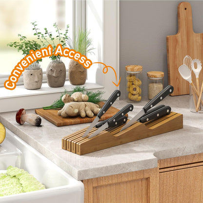 In-Drawer Knife Block Organizer - Bamboo Wood Drawer Knife Organizer-Protecting Knife Organizer Block (Not Included) (Natural, 7 Knives Dock)