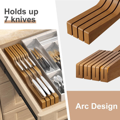 In-Drawer Knife Block Organizer - Bamboo Wood Drawer Knife Organizer-Protecting Knife Organizer Block (Not Included) (Natural, 7 Knives Dock)