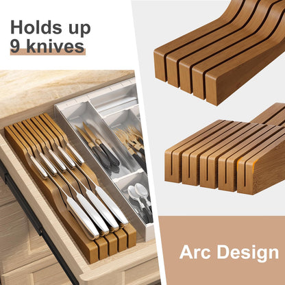 In-Drawer Knife Block Organizer - Bamboo Wood Drawer Knife Organizer-Protecting Knife Organizer Block (Not Included) (Natural, 7 Knives Dock)