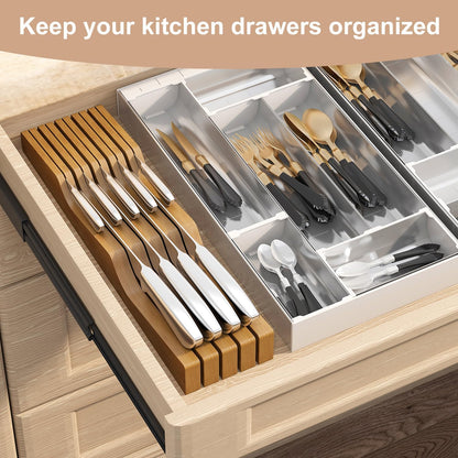 In-Drawer Knife Block Organizer - Bamboo Wood Drawer Knife Organizer-Protecting Knife Organizer Block (Not Included) (Natural, 7 Knives Dock)
