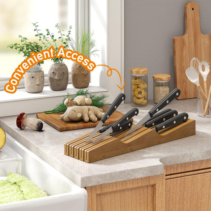 In-Drawer Knife Block Organizer - Bamboo Wood Drawer Knife Organizer-Protecting Knife Organizer Block (Not Included) (Natural, 7 Knives Dock)