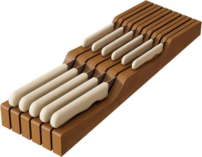 In-Drawer Knife Block Organizer - Bamboo Wood Drawer Knife Organizer-Protecting Knife Organizer Block (Not Included) (Natural, 7 Knives Dock)