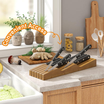 In-Drawer Knife Block Organizer - Bamboo Wood Drawer Knife Organizer-Protecting Knife Organizer Block (Not Included) (Natural, 7 Knives Dock)